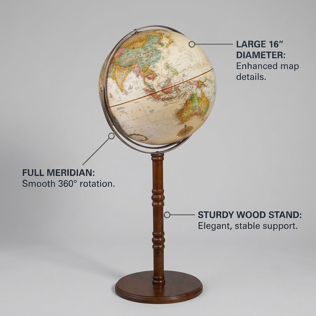 Replogle Commander II floor globe featured with callout labels highlighting key features: sturdy wood stand, smooth rotation, and large 16-inch diameter.