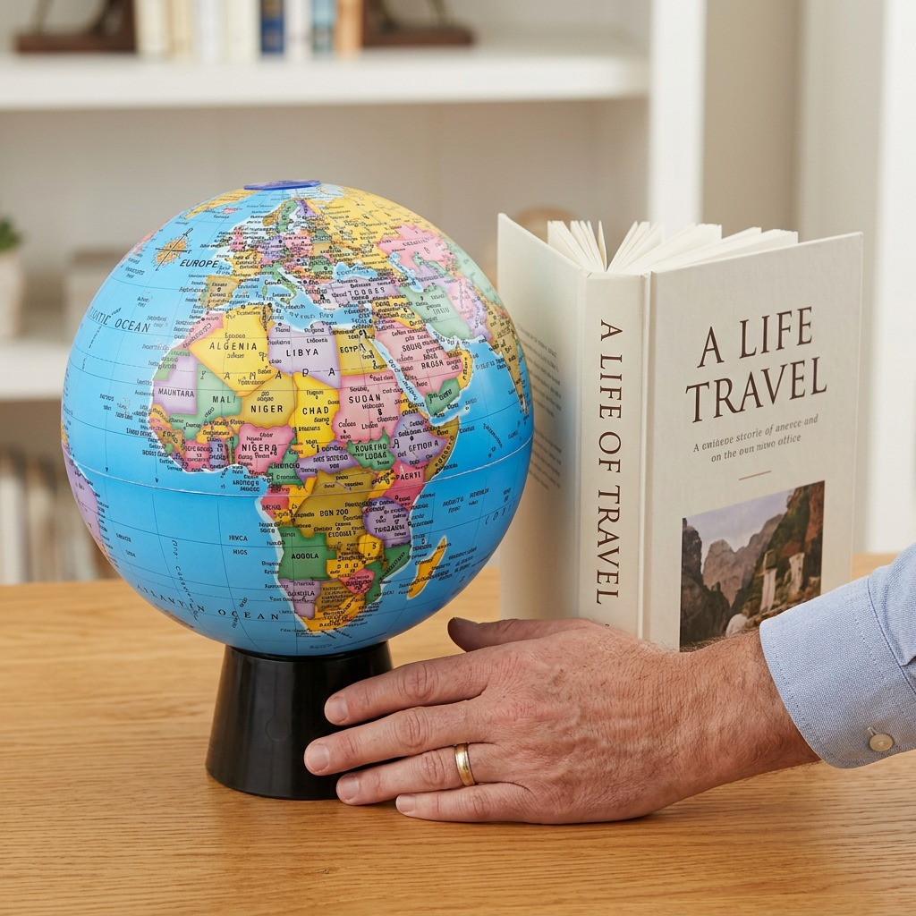 ~ A Replogle Rotating 8" Blue Ocean Desk Globe from image_0.png with a black base. An average-sized hardcover book titled 'A LIFE OF TRAVEL' stands next to it, and a person's slightly smaller right hand with a ring rests on the base for a scale comparison, on a desk in a home office.