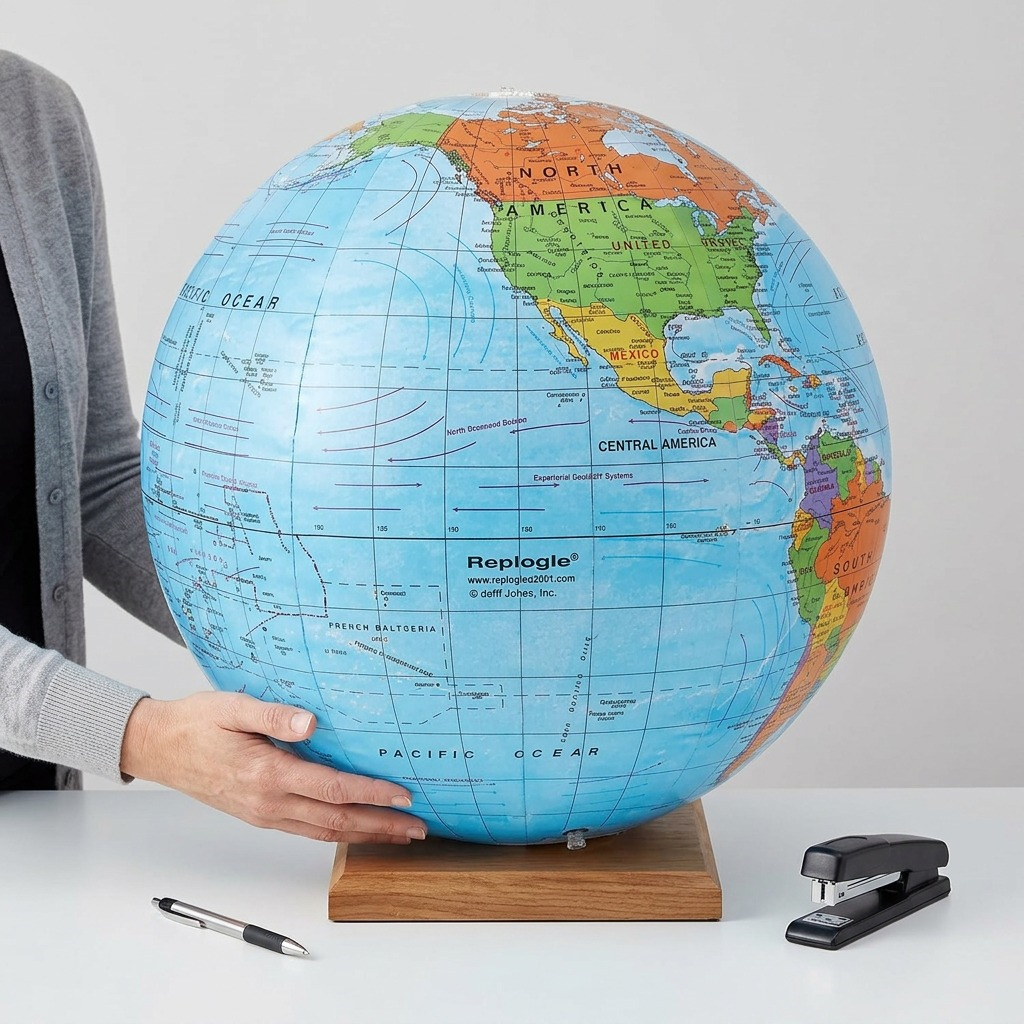 A person holding a large 27-inch inflatable Replogle political globe for scale comparison.