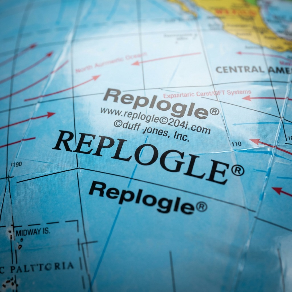 Macro photograph showing sharp text detail and vinyl texture on the Replogle inflatable globe surface.