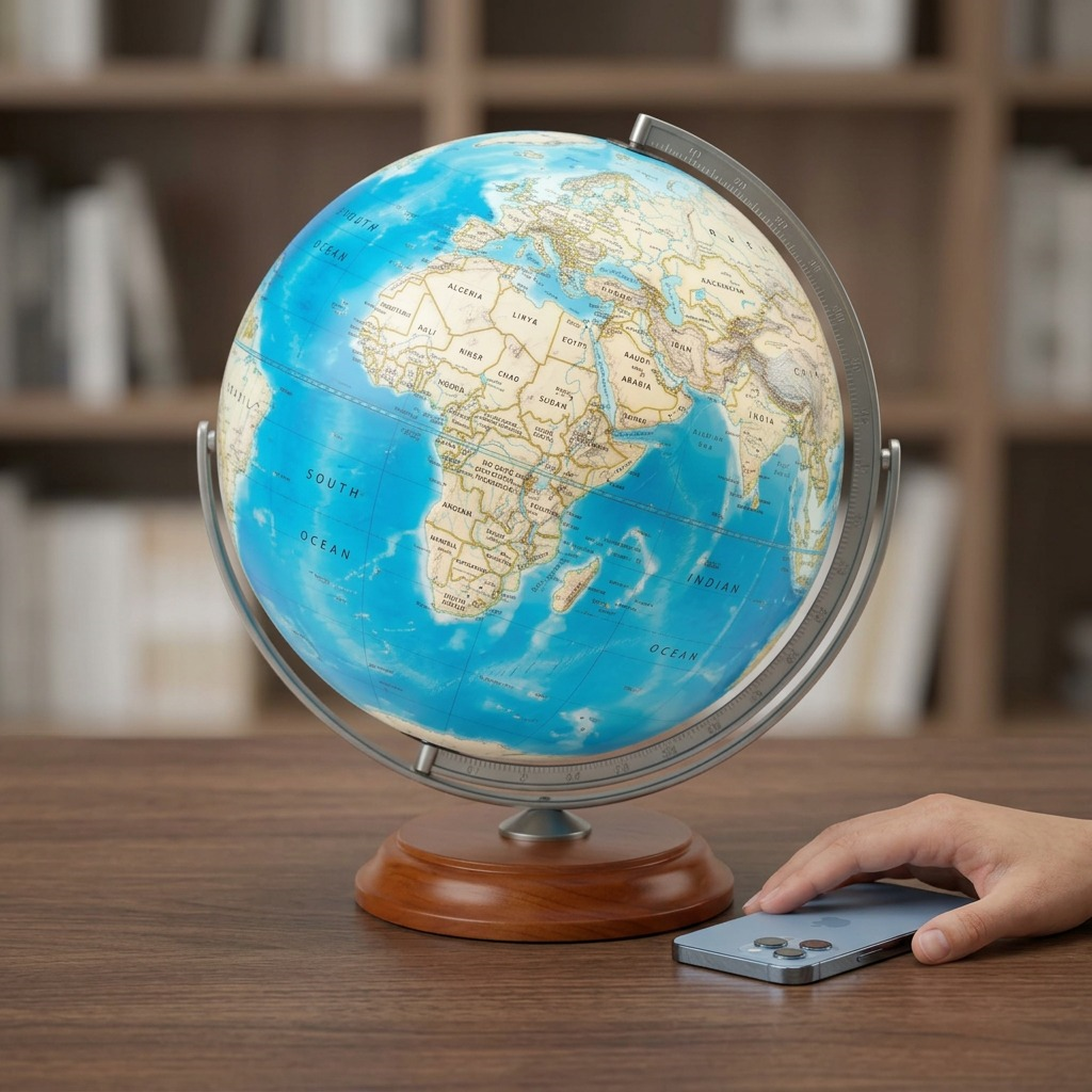 A Replogle Nicollet 16" globe sits on a dark wood desk next to a realistic human hand for size comparison.