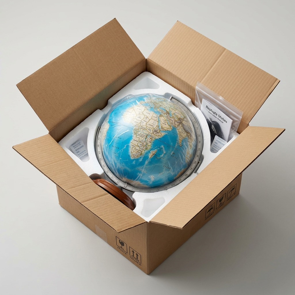 Detailed close-up on an open shipping box showing the globe secure in molded styrofoam.