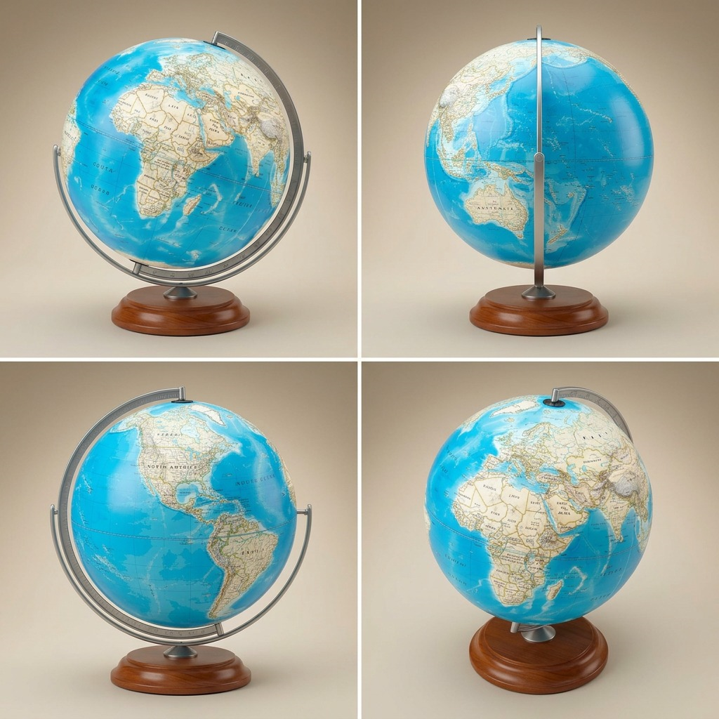 A clean-panel PDP grid image showing the Replogle Nicollet desk globe from four distinct angles.
