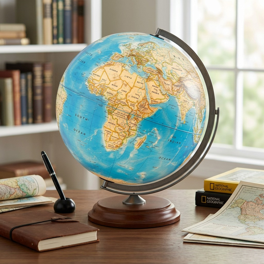 Detailed lifestyle photo of the illuminated blue ocean Replogle Nicollet globe on a dark wood desk.