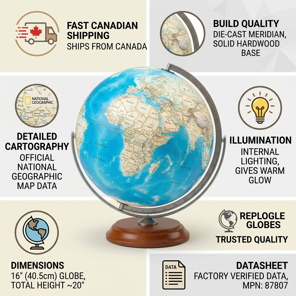 PDP visual matrix for the Replogle Nicollet 16-inch Blue Ocean Illuminated Globe, highlighting shipping and build specs.