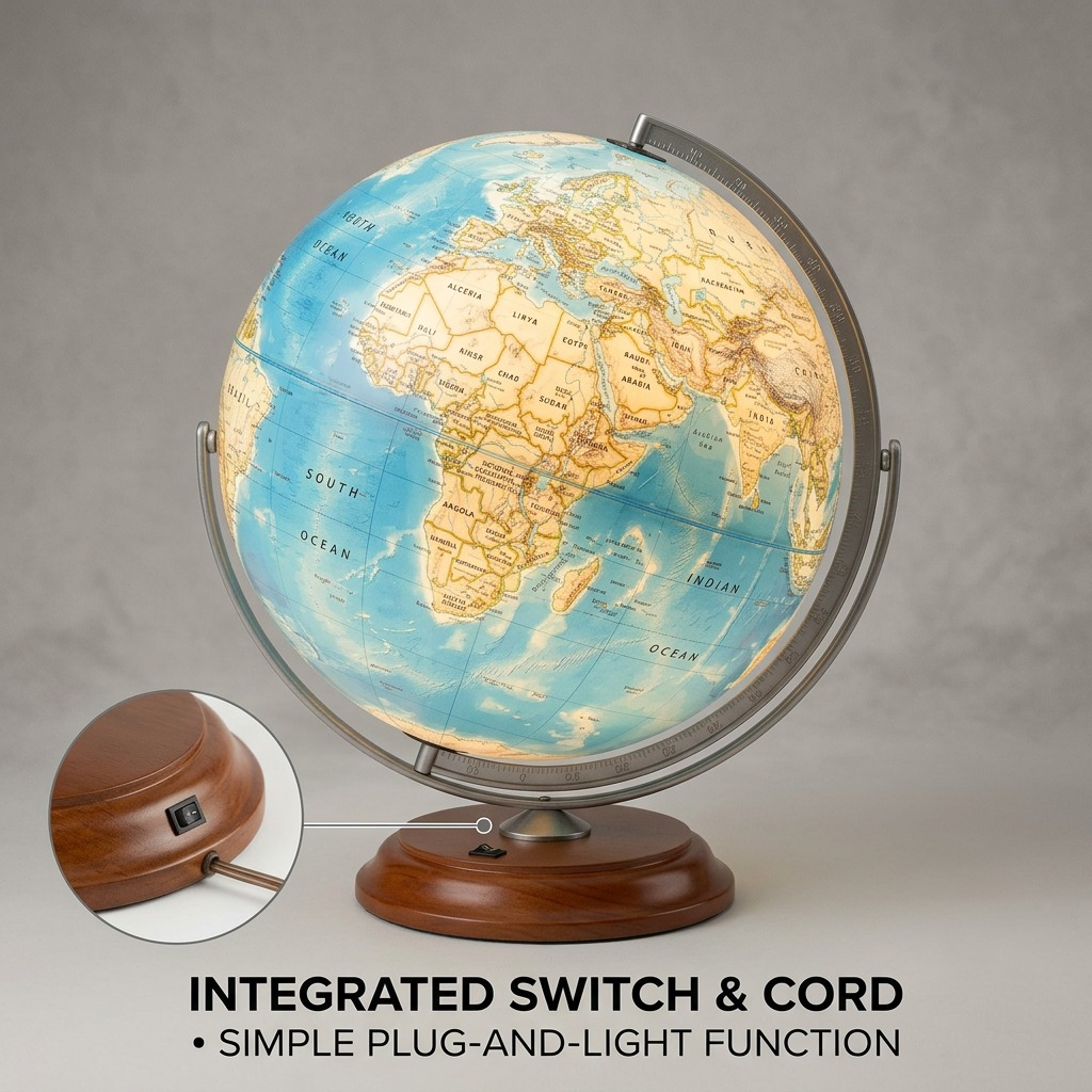 Feature graphic shows the Replogle Nicollet globe with an operational feature callout: "ILLUMINATED VIEW". A switch and cord are hinted, highlighting the internally lit globe. The 'powered on' text clarifies this as the primary feature.