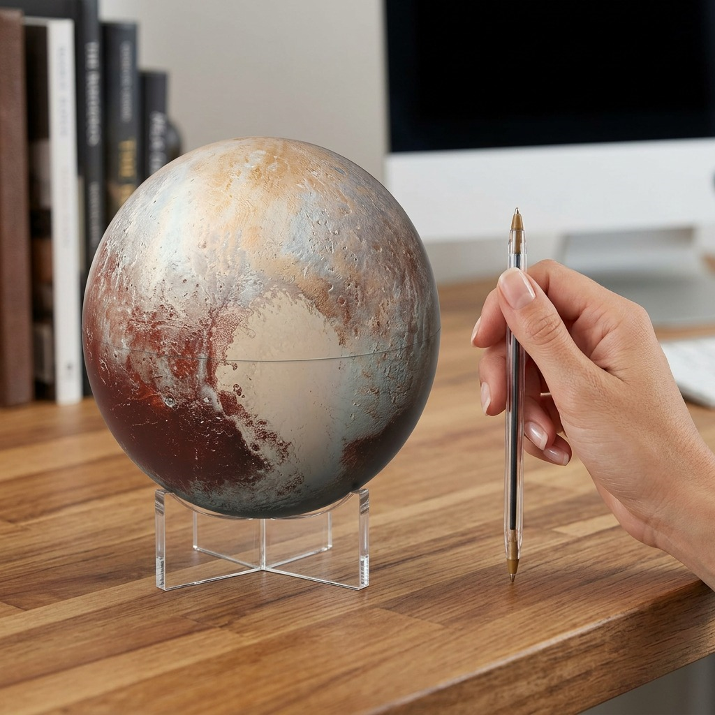 A 3D render comparison: a 6-inch Pluto globe on a clear stand sits next to the hand of an adult.