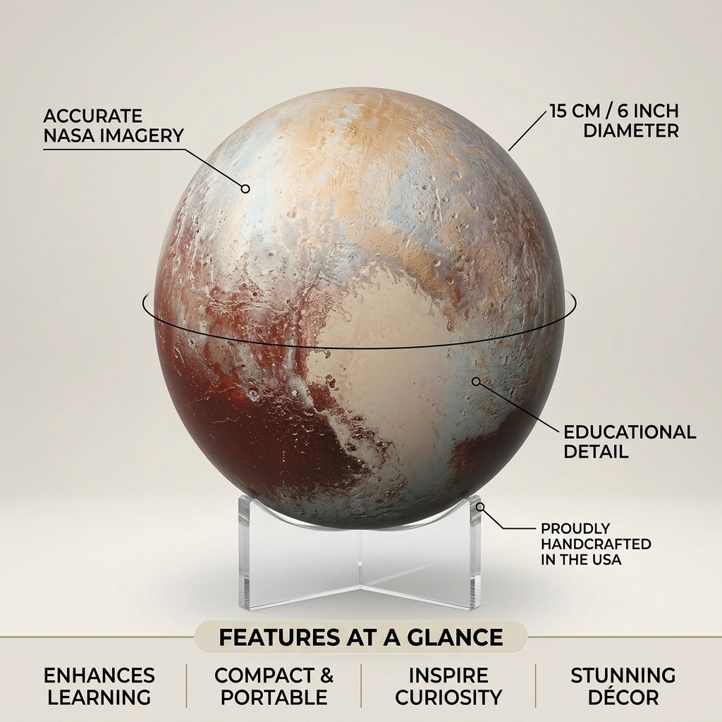 A feature graphic for the Pluto Replogle Globe (15 cm), highlighting its accurate 2015 New Horizons imagery, compact size (6 inches), and educational value.
