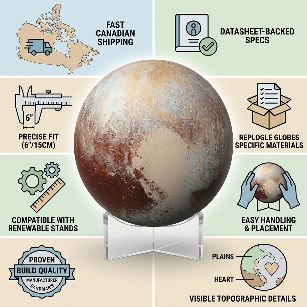 Product info matrix image displaying the Replogle Pluto globe, featuring key features and specifications as an infographic with Canadian shipping details.