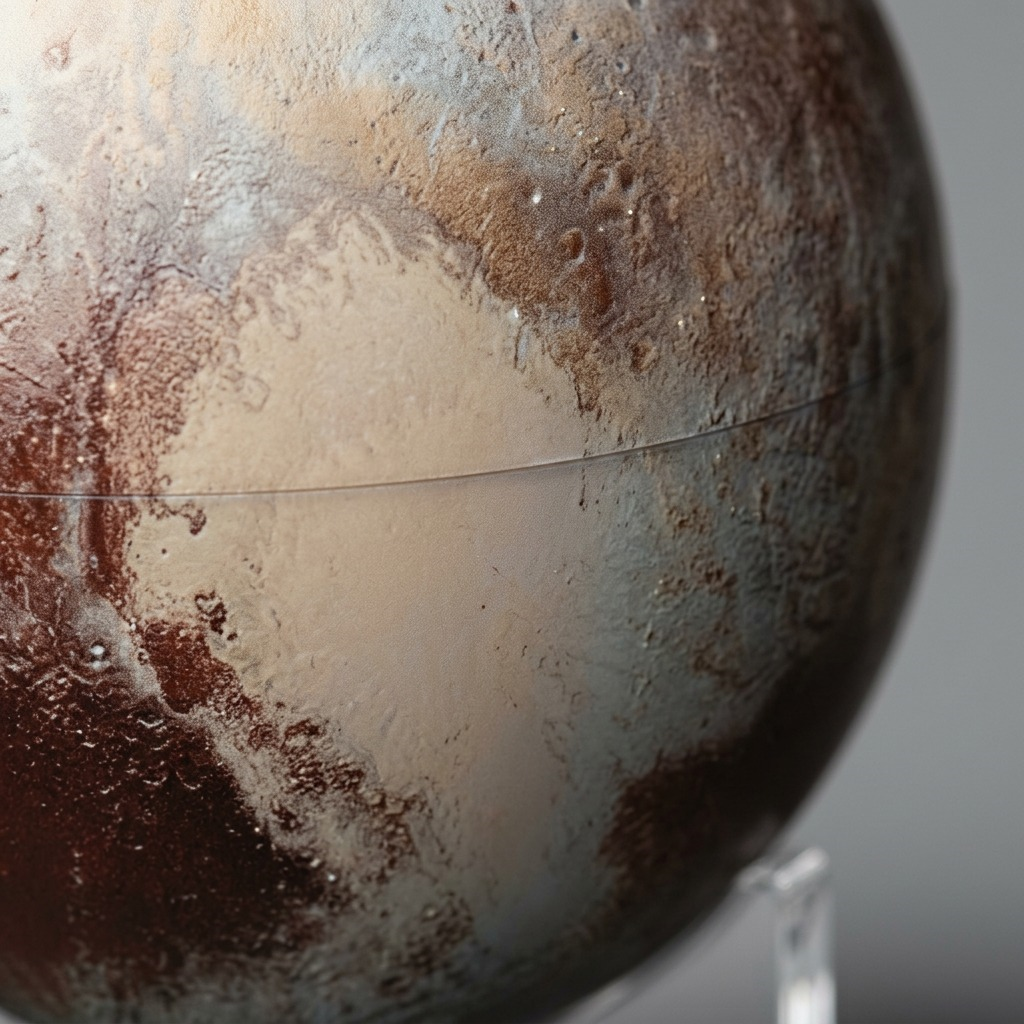 MPN: 81323, UPC: . Extreme macro detail of Pluto's ice and rock texture on the globe. SKU: 5ZN9BBQTD9W88CLWQK1J. Randmar main visual reference: image_0.png.