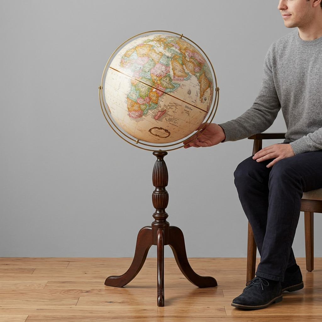 A detailed flat-lay photograph showing the 16-inch globe beside a standard pen for scale.
