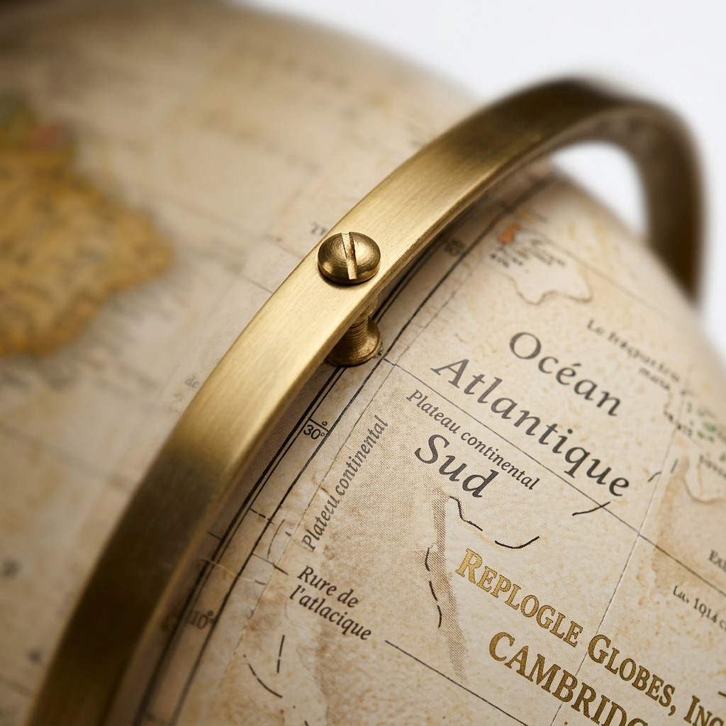 Macro close-up of the antique map texture and the brass support ring, highlighting detail.