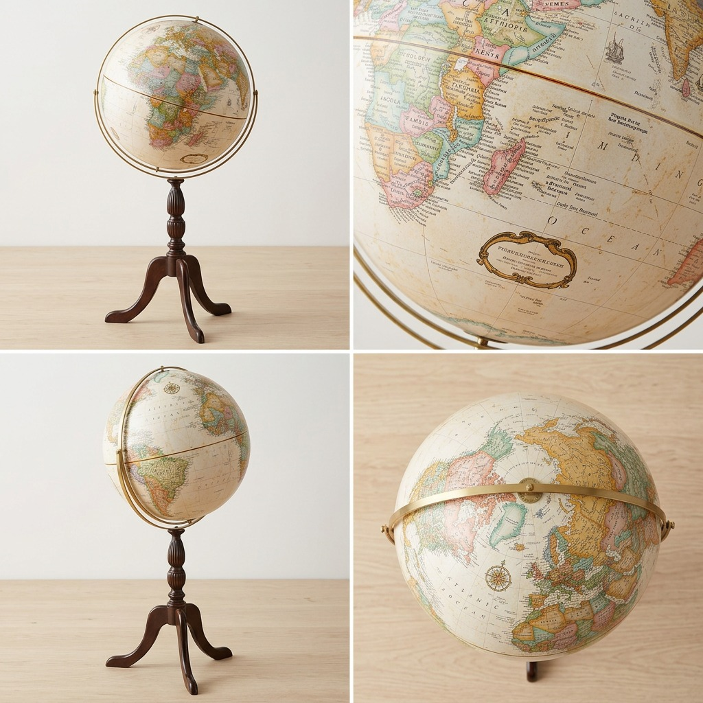 Four-panel grid showcasing the antique floor globe from front, detailed close-up, side, and top-down angles.