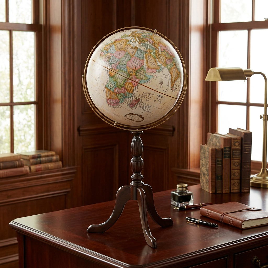 Replogle Cambridge 16-inch antique globe on an ornate wooden stand in a study room.