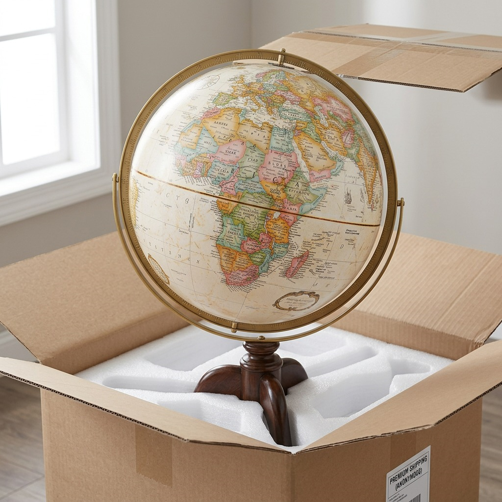 A premium close-up of a partially unboxed antique ocean globe, protected by custom foam inserts.