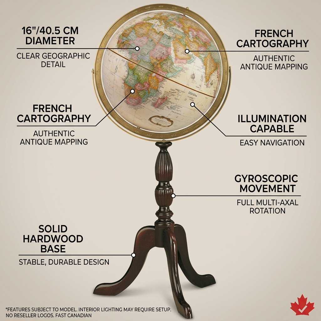 A visual matrix infographic for the Replogle Cambridge globe, illustrating key operational features like illumination capability, multi-directional rotation, 16" size, French cartography, and solid hardwood construction with benefit callouts.
