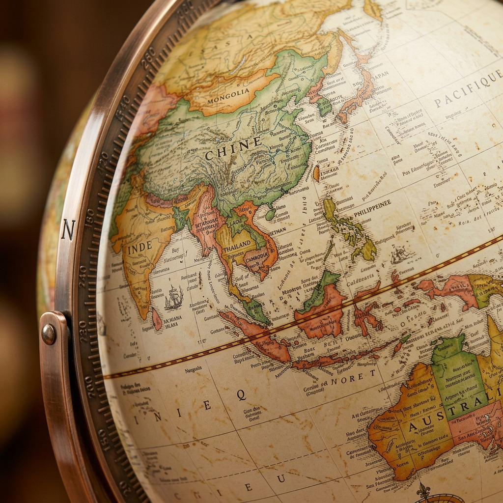 Macro detail of the Replogle Commander Ii 16" antique ocean globe, displaying French cartography.