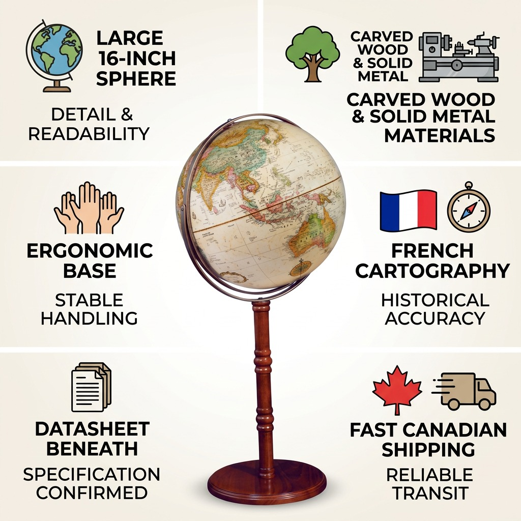 A trust and authority infographic with the antique Replogle globe at its center, with six labeled icons showcasing features.