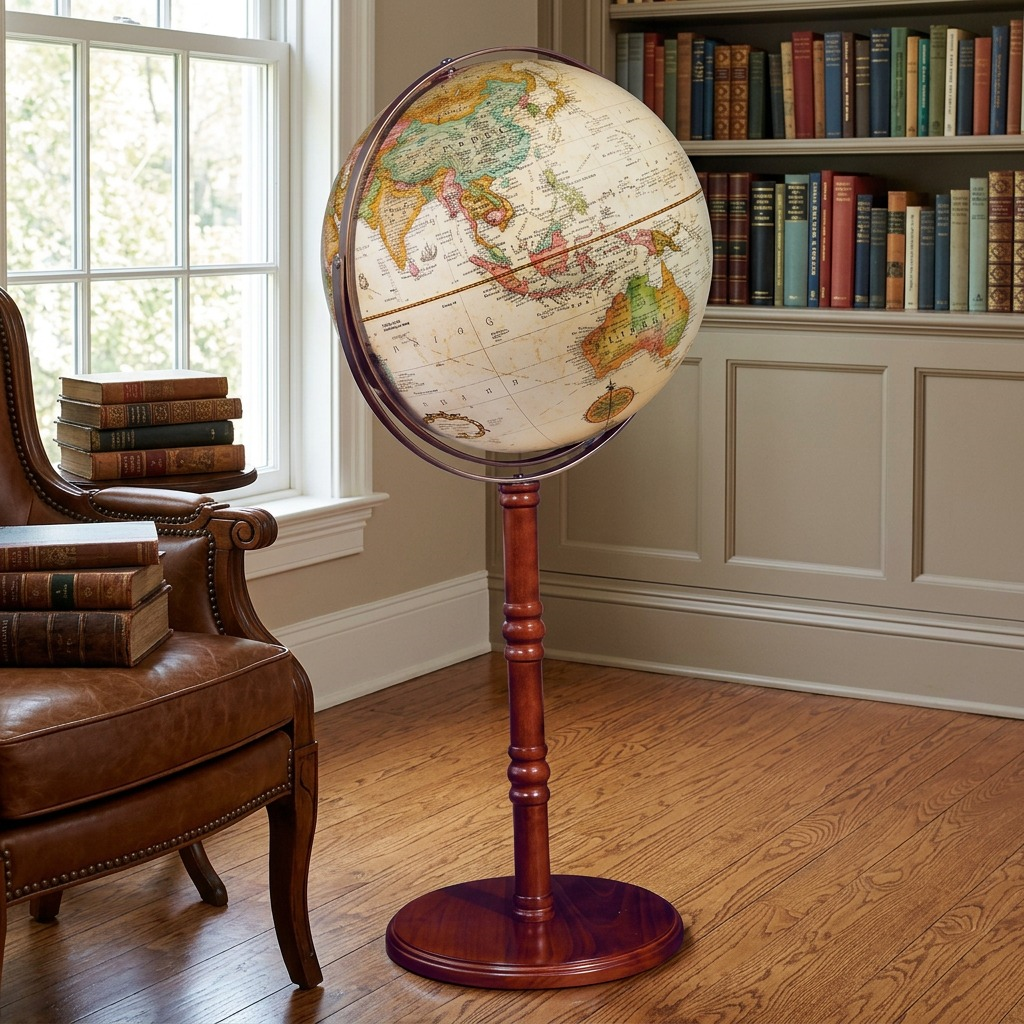 Replogle Commander II antique ocean globe on a carved wooden floor stand in a study.