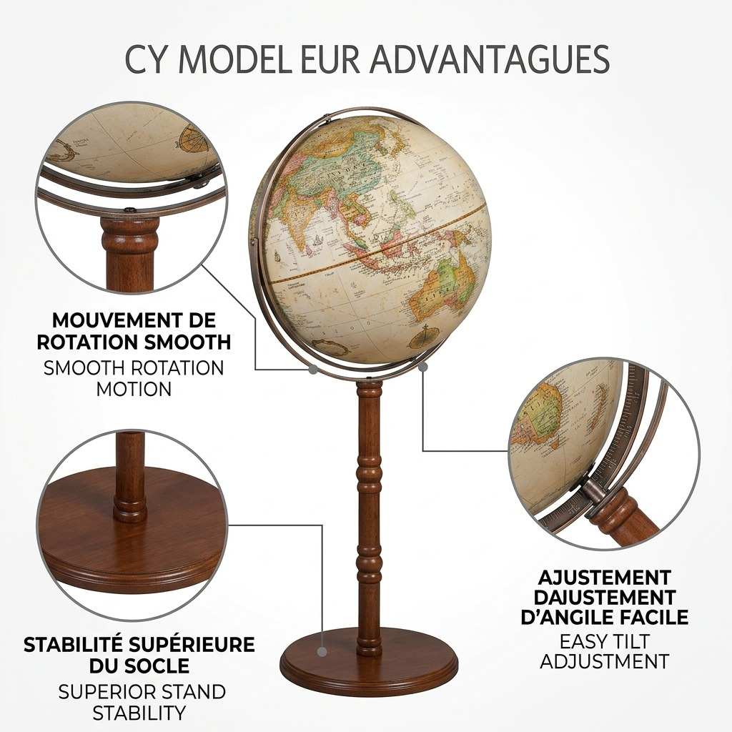 Replogle Commander II operational feature callouts, including rotation, tilt, and stability benefits, in French and English.