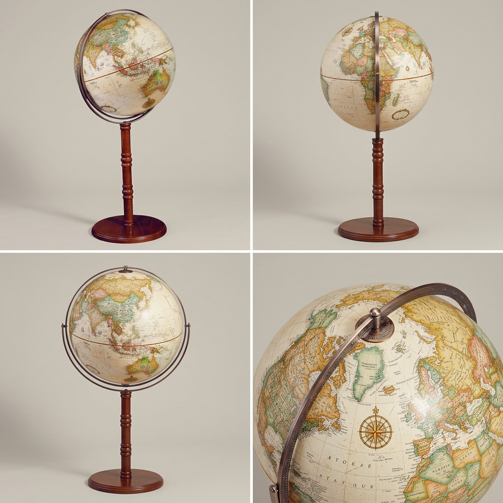 A grid displaying the antique floor globe from four different angles: front, side, and two rear views.