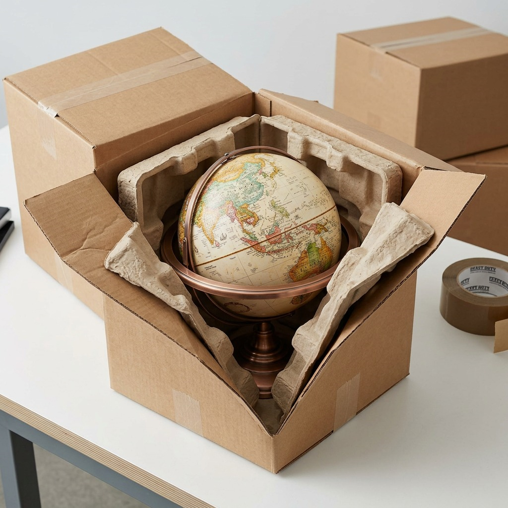 An open cardboard box revealing the Replogle Commander II globe, securely cushioned with molded pulp inserts.