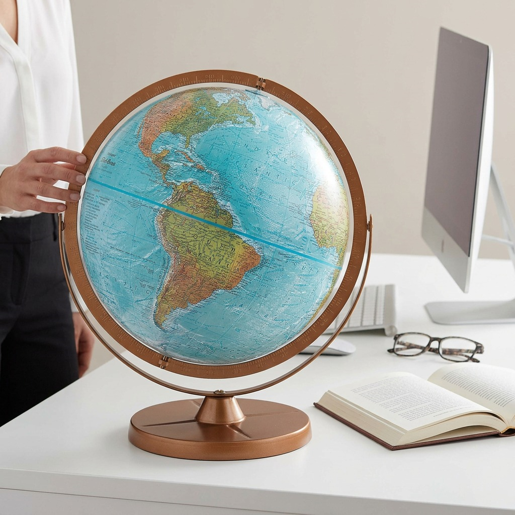 Replogle 12" Atlantis desk globe on a work desk next to a book and eyeglasses for scale reference.