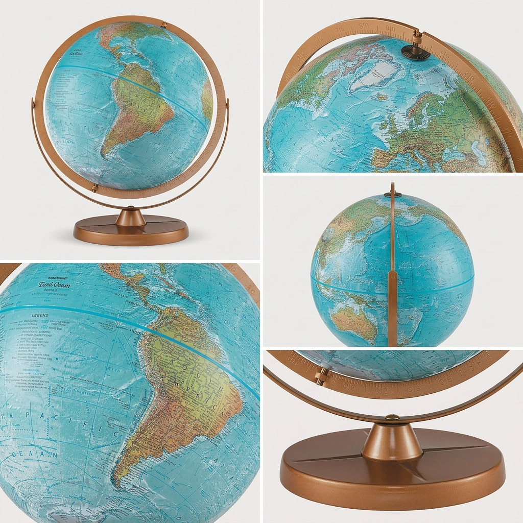 PDP grid comparing five angles of the Replogle Atlantis 12" blue ocean desk globe, gold meridian.