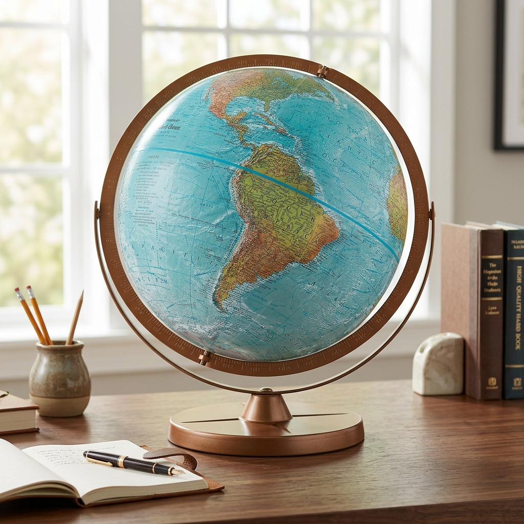 Lifestyle photograph of the Replogle Atlantis desk globe on a wooden home office bookshelf.