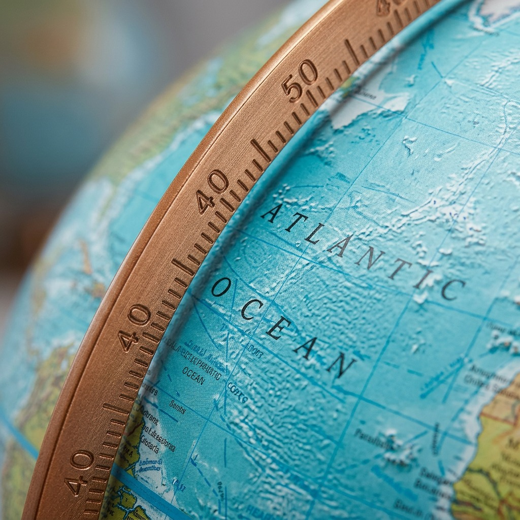 A macro photo focuses on the brass full meridian and detailed textured ocean typography.