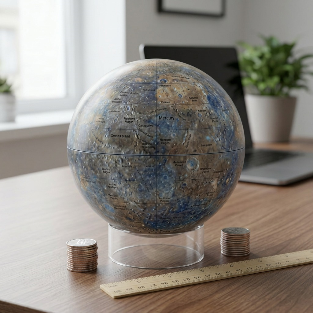 The Replogle Mercury globe and stand are shown on a desk with a ruler and coins for scale.
