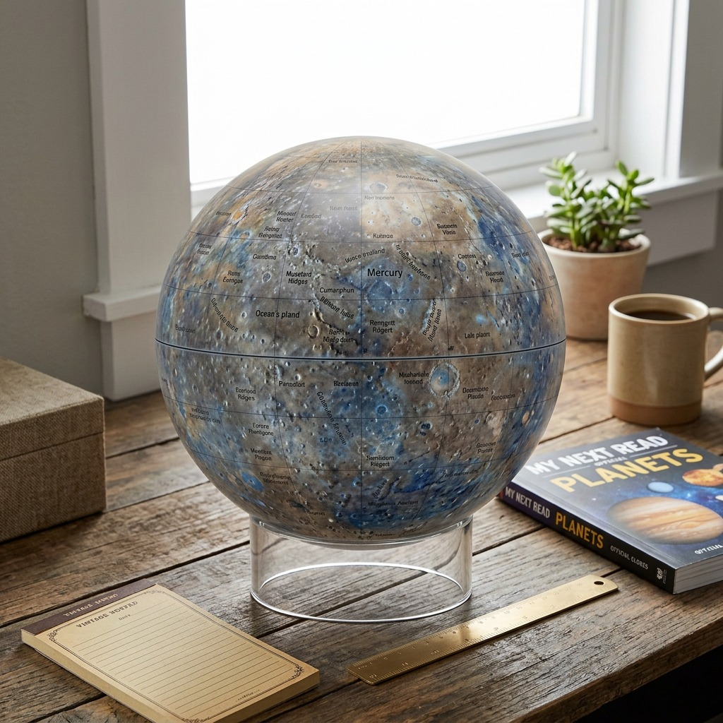 A detailed view of the Replogle Mercury globe on a modern study desk under natural window light.
