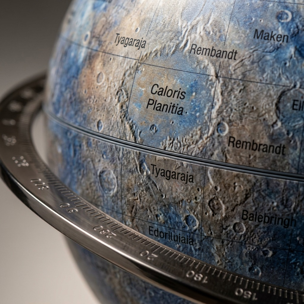 Extreme macro photo showing the detailed printed surface of the Mercury planet globe on a small meridian, reducing hesitation.