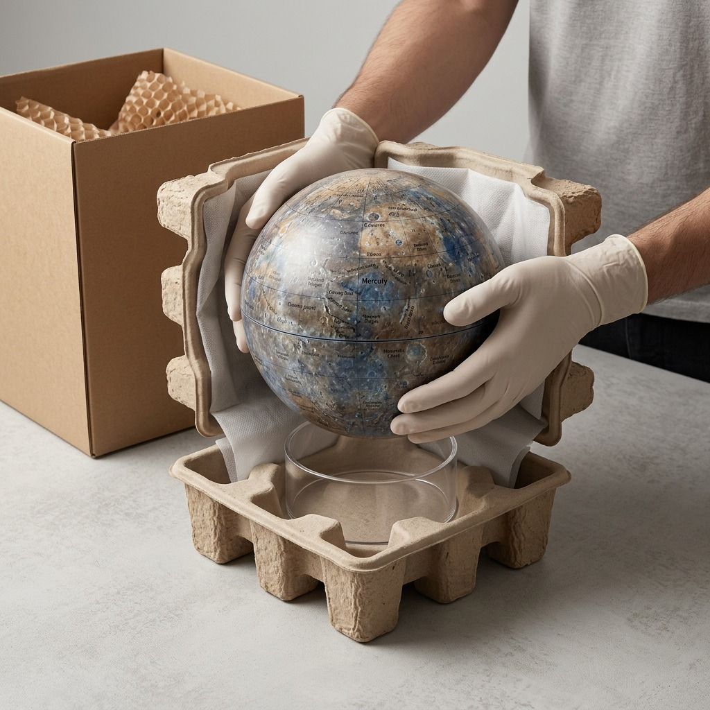 A realistic, high-quality photograph showing the Replogle Globes Mercury globe (as seen in image_0.png) cocooned in nested, custom-fitted, multi-layer natural paper cushioning material inside a clean kraft unboxing tray, demonstrating protected shipping.