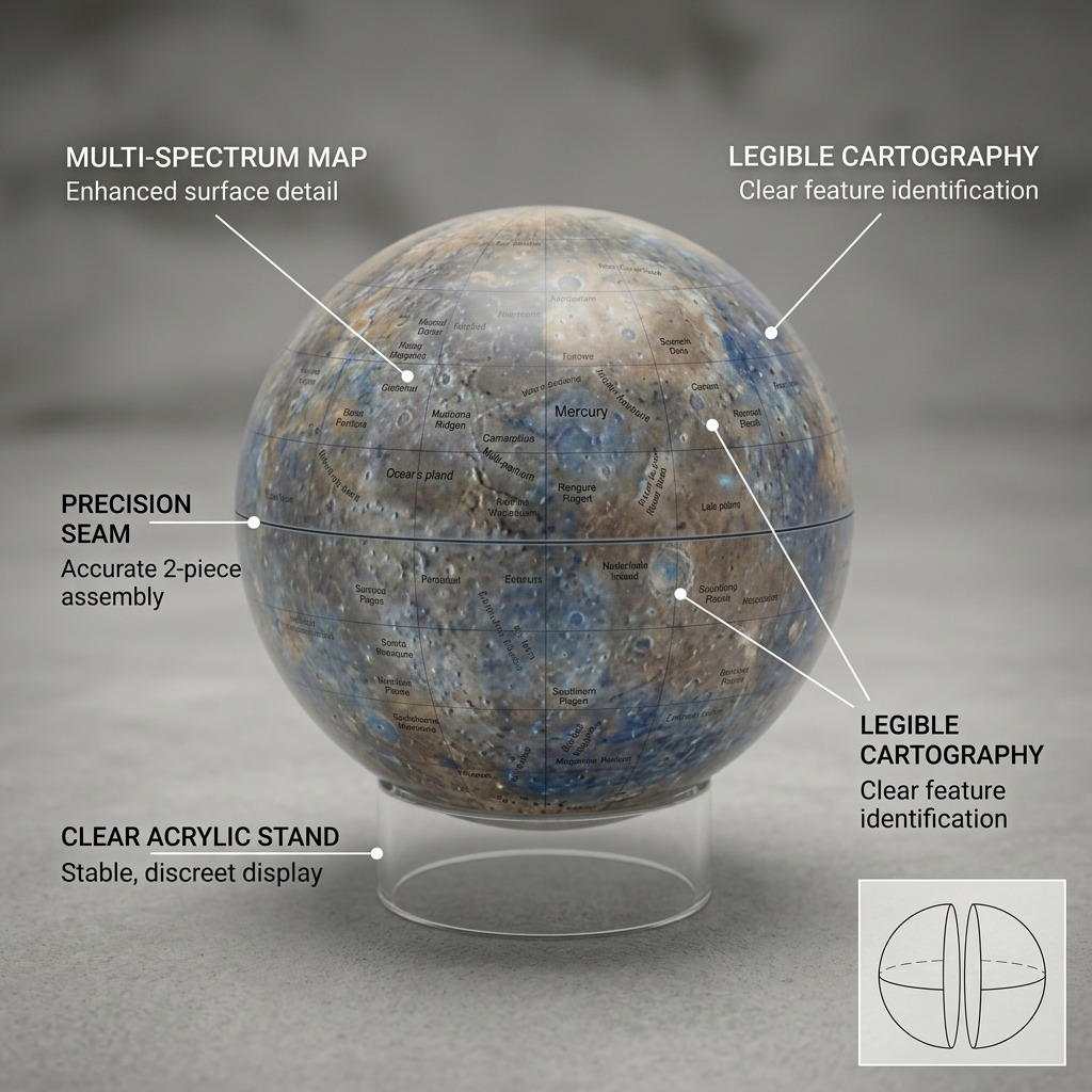 A product feature diagram of the Mercury globe, highlighting multi-spectrum mapping and stable stand with callout lines.