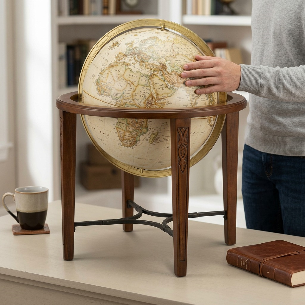 Scale photo of the 16-inch floor globe beside a person and desk in a well-lit study.