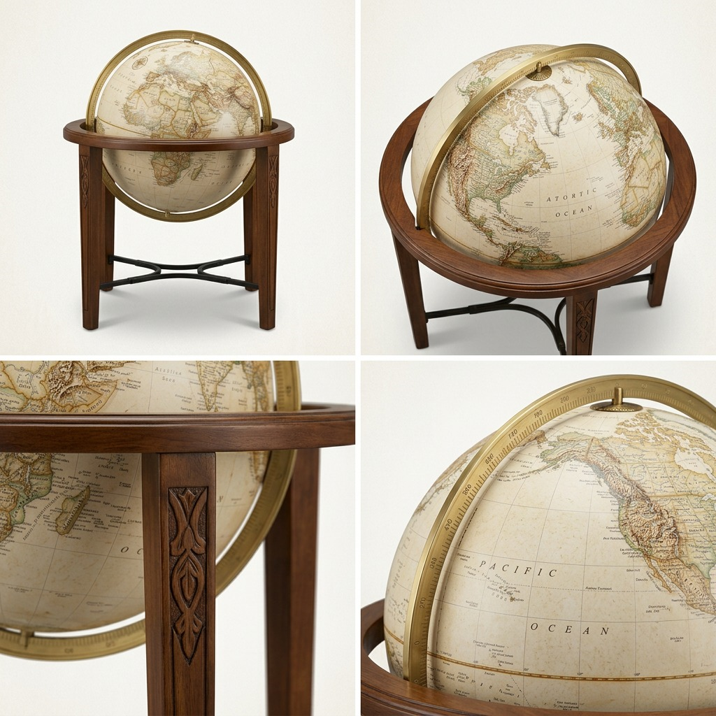 A 2x2 grid of the Replogle Globes Jameson, 16" antique raised-relief floor globe, from four distinct, professional angles.