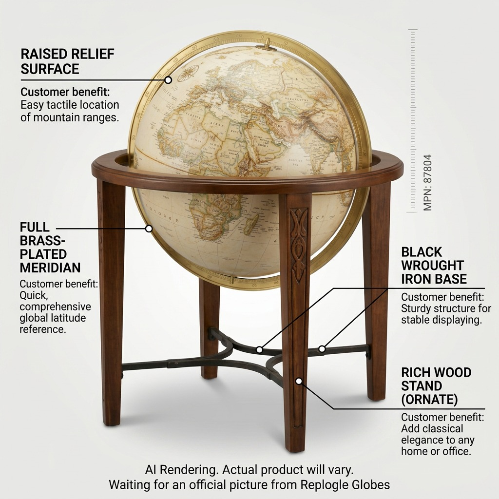 A feature callout image of the Jameson floor globe, highlighting raised relief, full meridian, and a detailed stand with wrought iron and ornate wood.