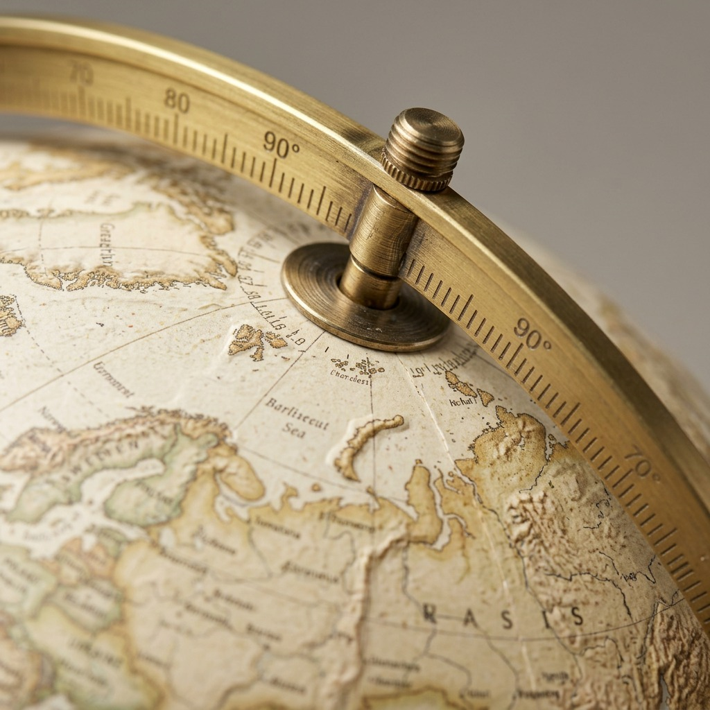 Macro detail of the Replogle Jameson globe's antique finish, brass meridian, and raised relief.