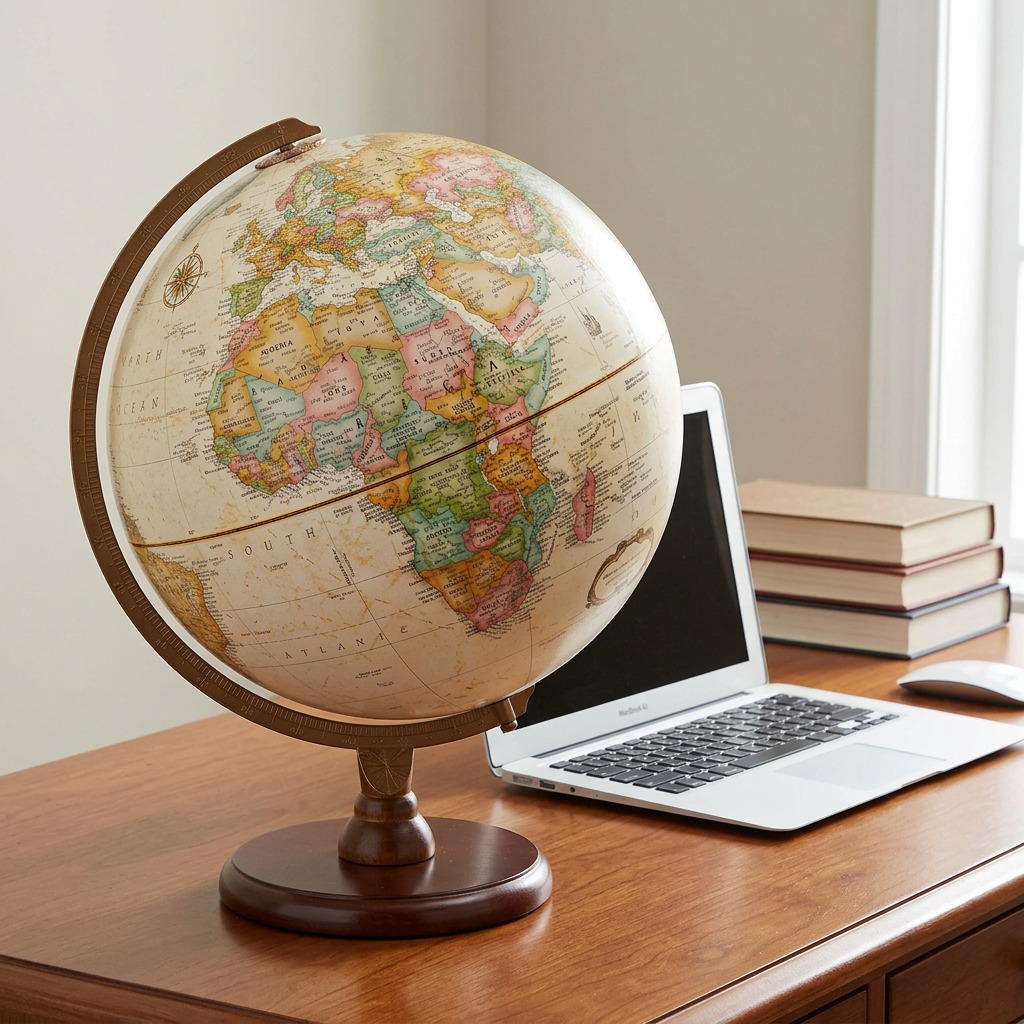 Replogle Hastings globe (30cm/12") placed on a modern wooden desk next to a standard 13" silver laptop, illustrating true size, with natural side lighting.