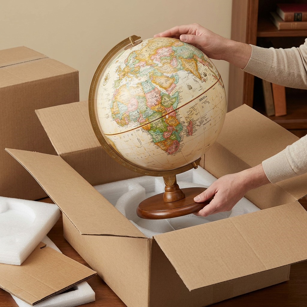 Sequence showing the Replogle Hastings Globe being unpacked from its secure, custom-molded pulp insert and shipping box.