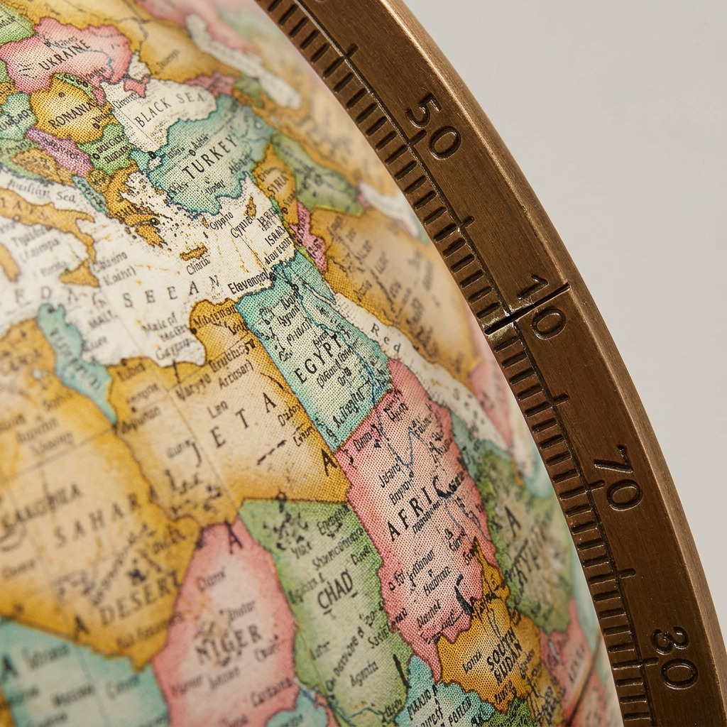 Macro detail of vintage style globe with tactile map texture and etched metal meridian showing 50 degree mark.