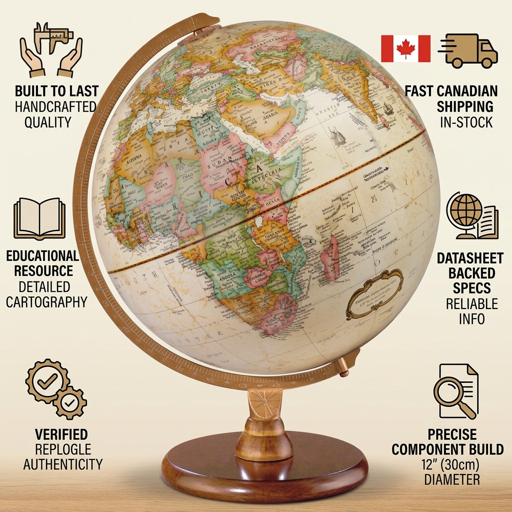 An infographics-style image showcasing the accurate antique-finish Hastings globe with various trust and authority factual cue icons surrounding it.