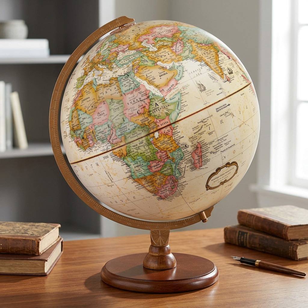 Lifestyle photo of the Replogle Hastings Globe on a wooden desk with books in a home office.