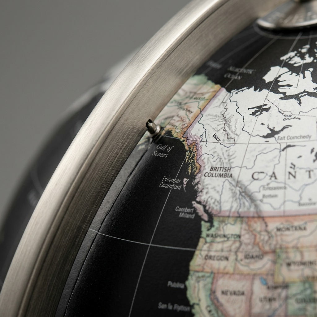 Extreme close-up of a premium Replogle globe, showing detailed North America map and brushed nickel stand.