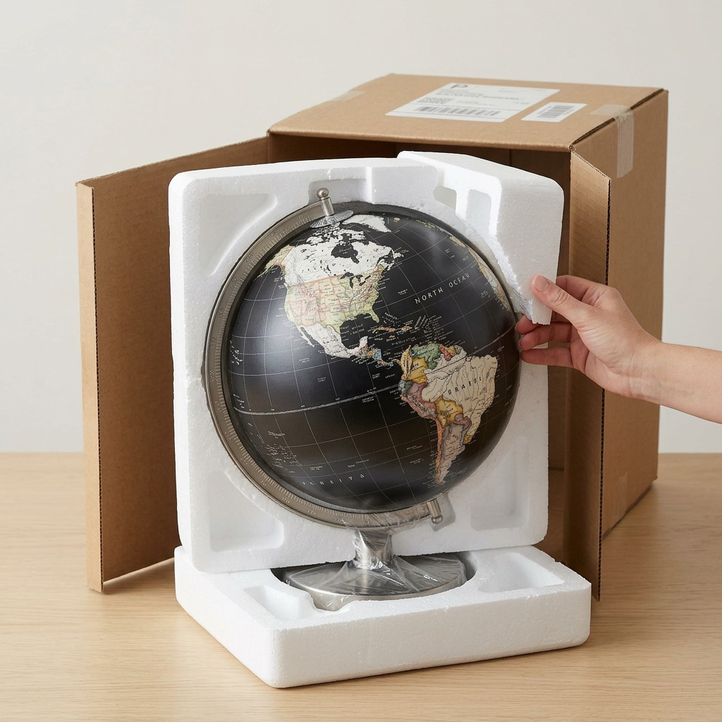 High-resolution photograph of the Replogle National Geographic Bancroft Black globe unboxing, nestled in custom protective foam.