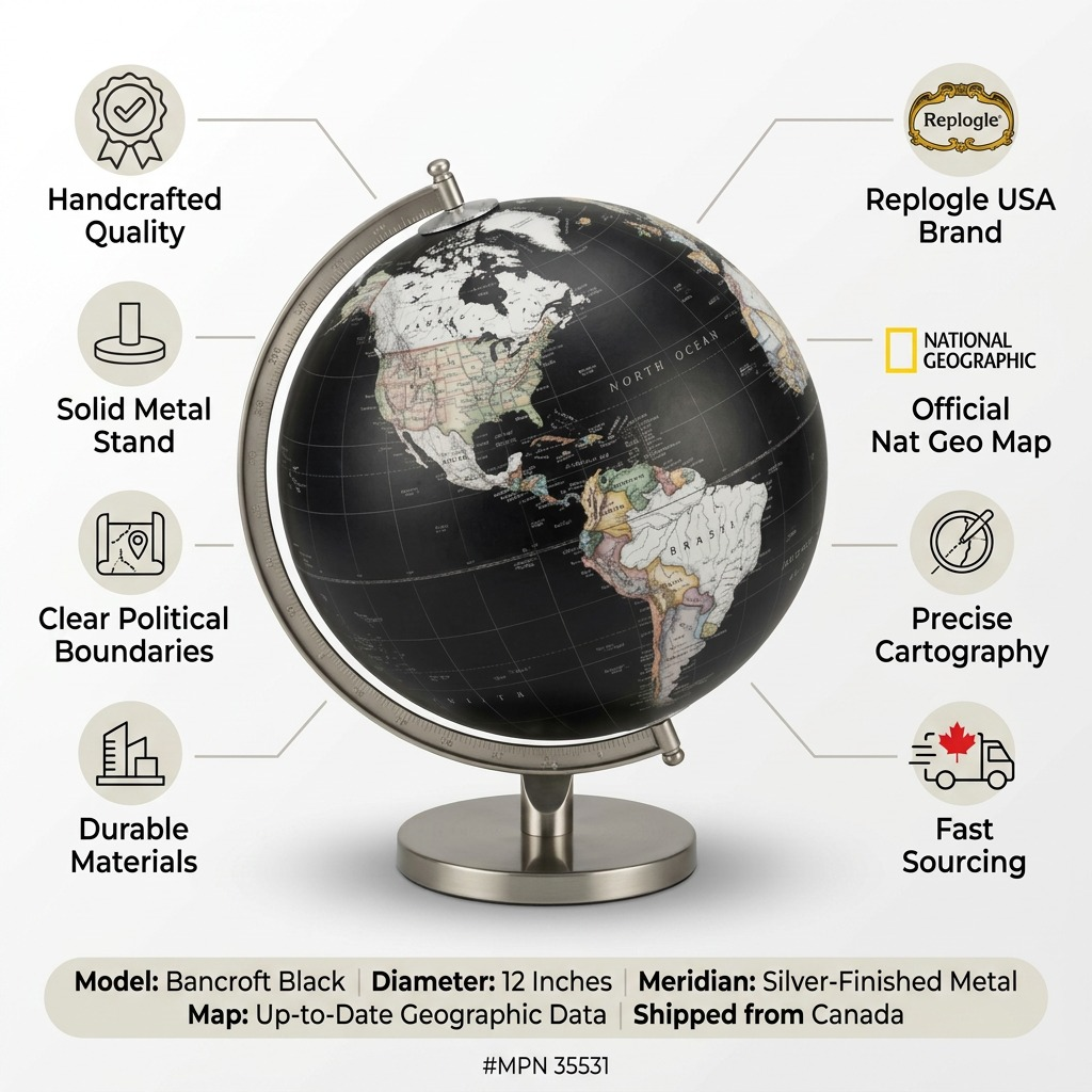 Confidence infographic for Replogle Bancroft black globe, with trust icons and factual specifications.