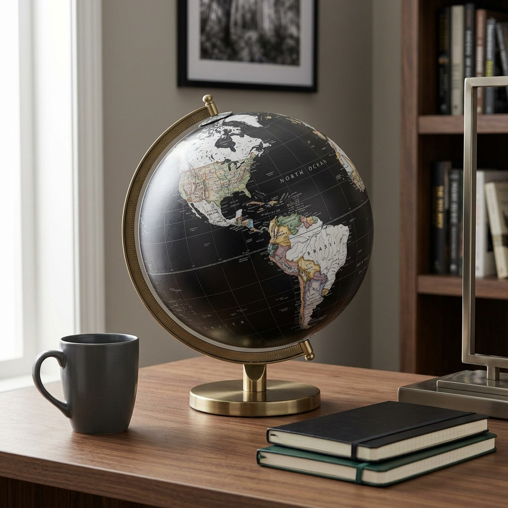 Replogle National Geographic Bancroft Black globe shown on a wooden desk next to a coffee mug.