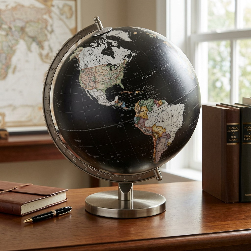 A photo of the Replogle National Geographic Bancroft Black globe on a desk in a sophisticated home study.
