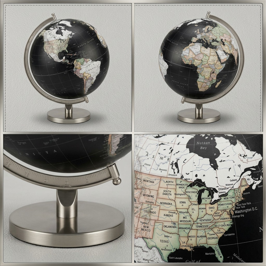 A detailed multi-angle matrix view of the black and silver metal globe.